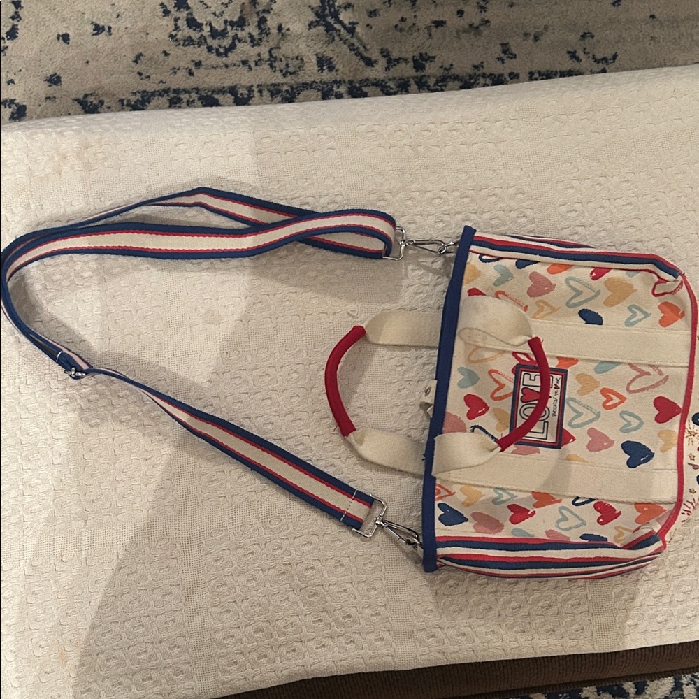 Brighton Cream Crossbody Bag with Multicolor Heart Print and Striped Strap